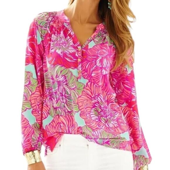 Lilly Pulitzer Elsa Worth It Silk Pink Floral Top Size 📦 - Picture 1 of 11